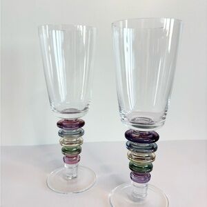 Vintage Pair Block Crystal Carnival  Wine / Water Goblet Glasses